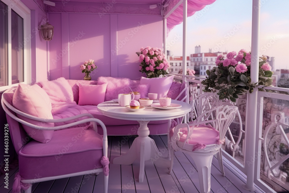 Fototapeta premium Cozy glamour balcony with pink flowers and sofa with pillows. Modern interior design