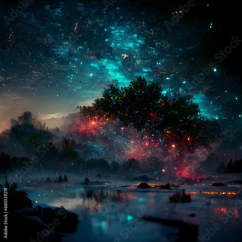 nature landscape at night colored stars and galaxy in sky abstract details hyper realism octane render cgi 8k 
