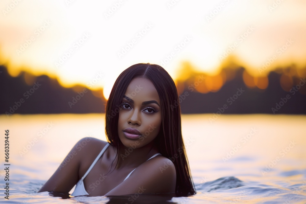 young African American woman swimming in sea at sunset