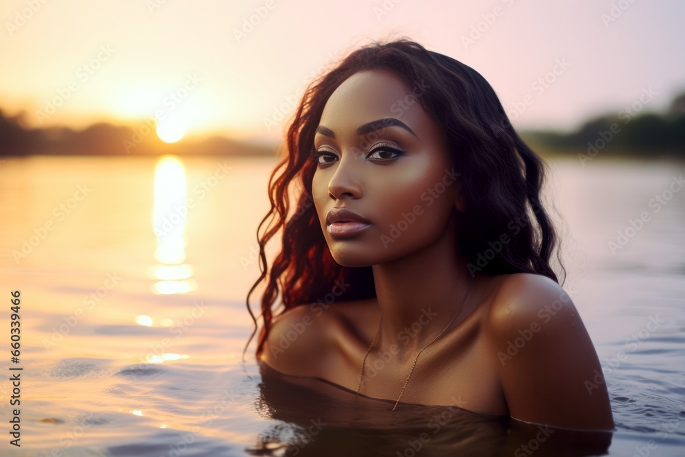 portrait of a young African American woman swimming in sea at sunset