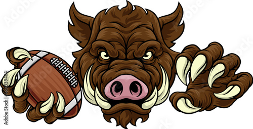 A wild boar, hog razorback warthog pig mean tough cartoon sports mascot holding an American football ball