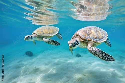 a duo of sea turtles swimming in a clear warm sea