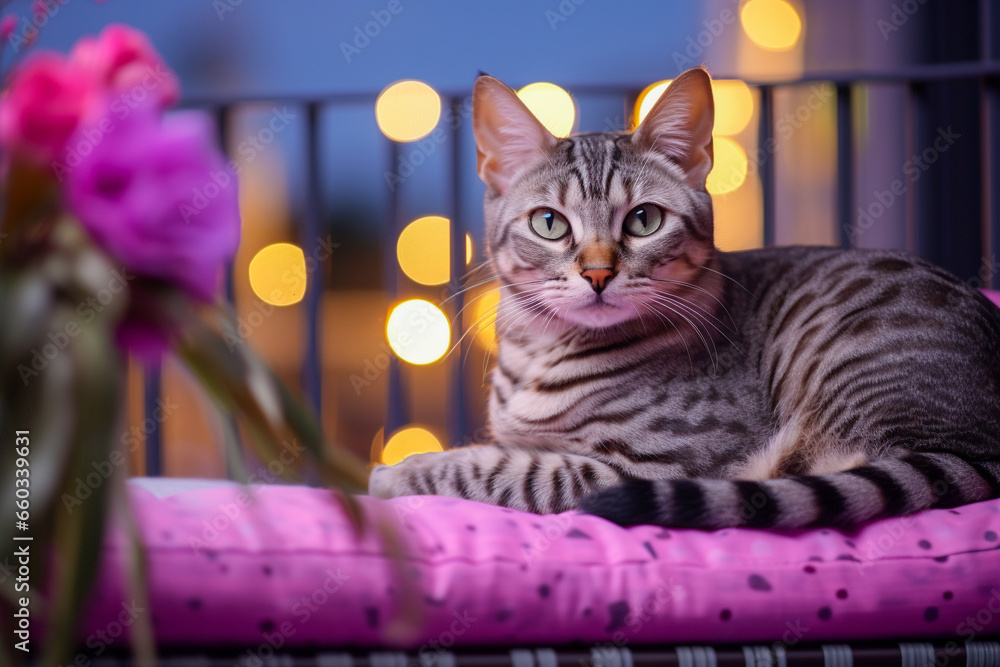 Cozy glamour balcony with cat. Modern interior design Cozy glamour balcony with cat. Modern interior design
