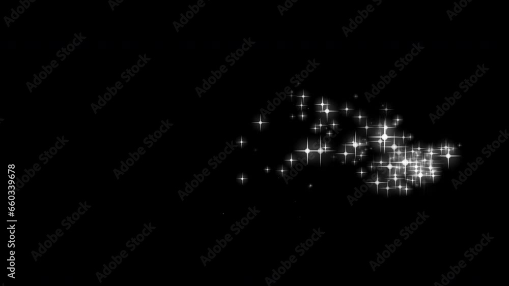 White simple sparkles trail, glittering stars trail moving horizontally from left to right on black background.