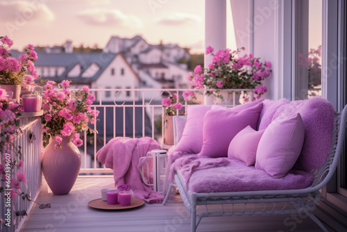 Cozy glamour balcony with pink flowers and sofa with pillows. Modern interior design