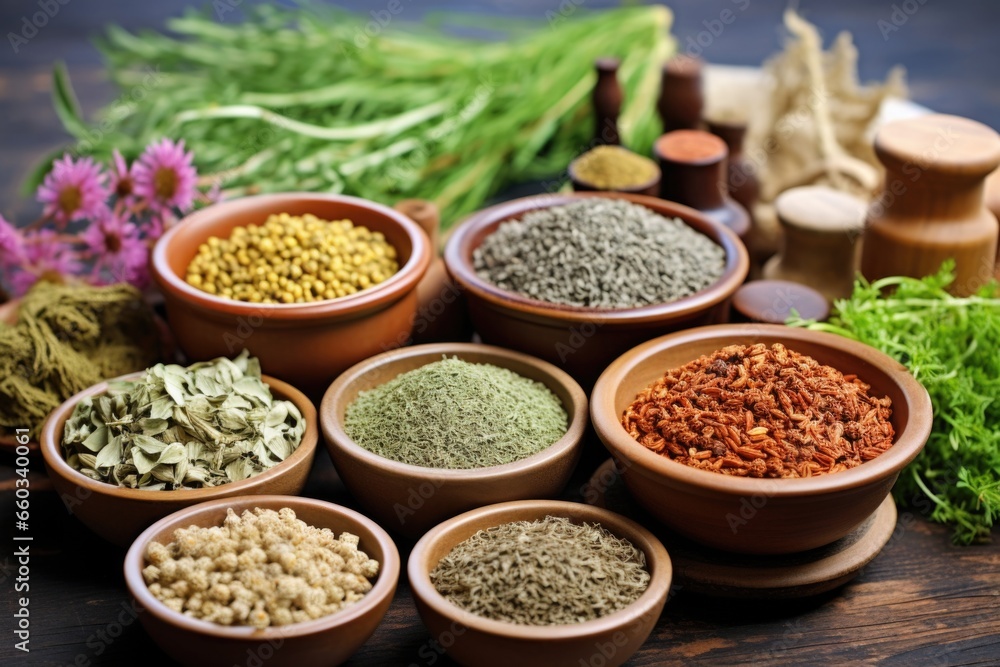 a variety of medicinal herbs in small bowls a variety of medicinal herbs in small bowls
