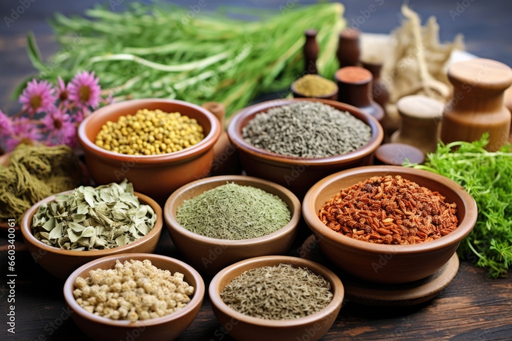 a variety of medicinal herbs in small bowls