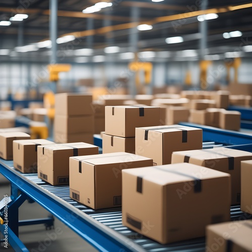 Closeup of cardboard box packages, moving along a conveyor belt in a warehouse fulfillment facility, e-commerce, delivery, automation, and products.
