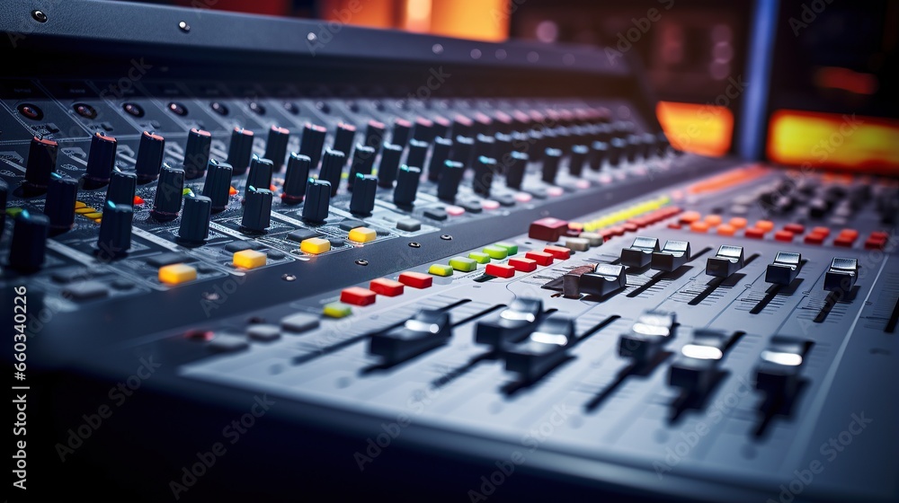 Fader display on a Professional Audio Sound Mixing Console at a music concert Fader display on a Professional Audio Sound Mixing Console at a music concert