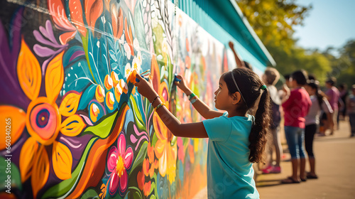 Group of Children Painting a Mural on a Wall