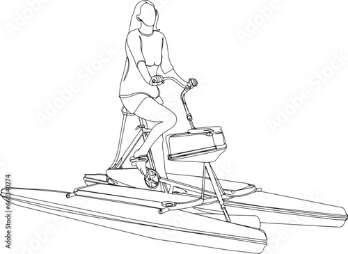 Woman Tourist on Water Bike: Turquoise Sea Adventure, "Aqua Cycling in Turquoise Waters: Woman Tourist Vector" "Hydrobike Exploration: Woman Tourist in One-Line Sketch"
