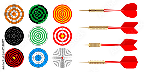 Paper targets with dart arrows. Shooting range round target, divisions, marks and numbers. Gun shooting practise and training, sport competition, hunting. Bullseye and aim. Vector illustration