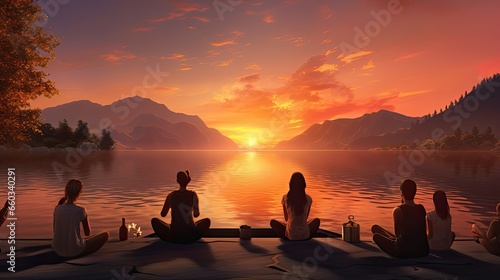 A serene lakeside yoga class at sunset ultra realistic illustration - Generative AI.
