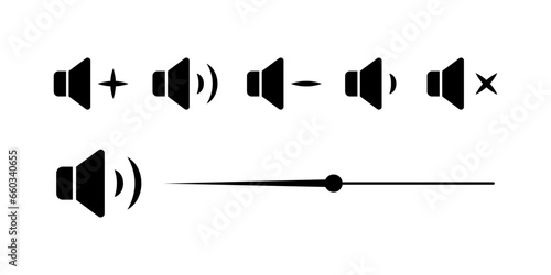 Sound icons. Silhouette, black, increase and decrease sound icons, sound slider. Vector icons