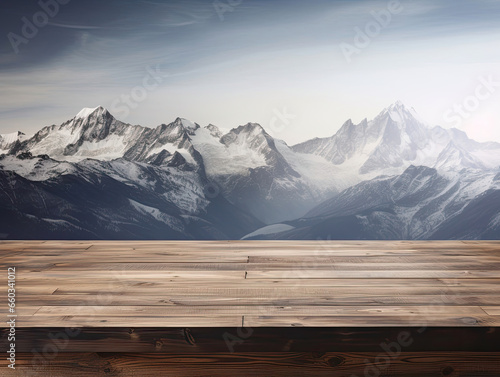 Wooden podium with mountain background for product showcase © RDO