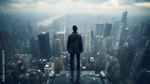 Man Standing on Skyscraper Rooftop
