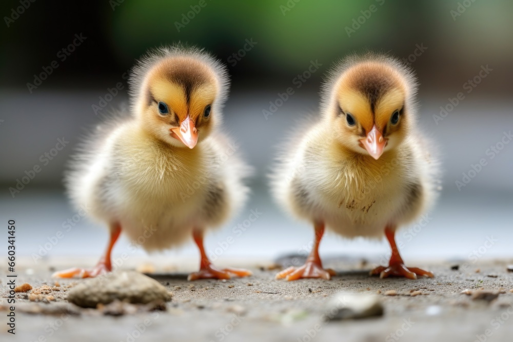 Fototapeta premium two ducklings appearing to squabble over breadcrumbs