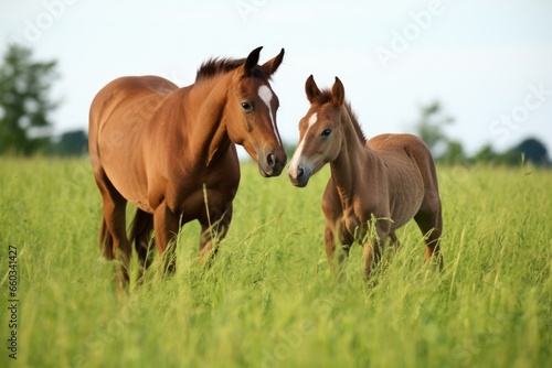 a pair of foal horses grazing together in the grass © altitudevisual