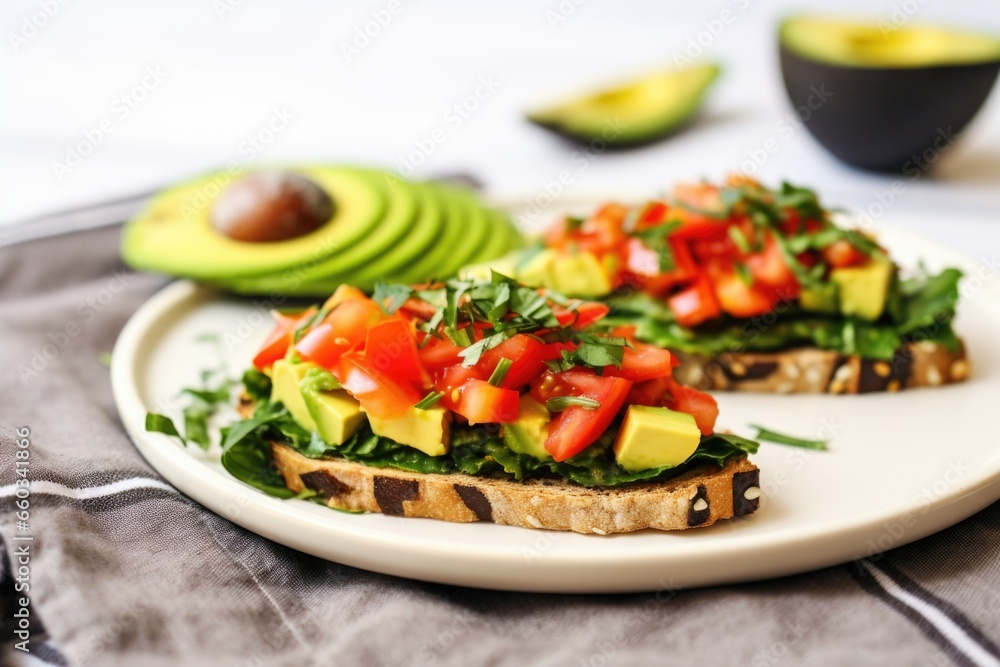 two pieces of avocado bruschetta on a plant based napkin two pieces of avocado bruschetta on a plant based napkin