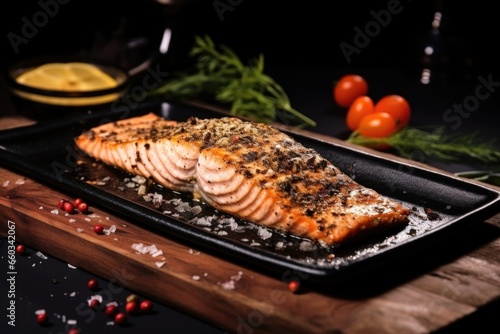 baked salmon steak adorned with black pepper flakes