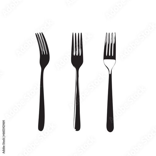 Fork Icon, Steel Dishware Symbol, Metal Forks Silhouette on White Background, Simple Minimal Forks