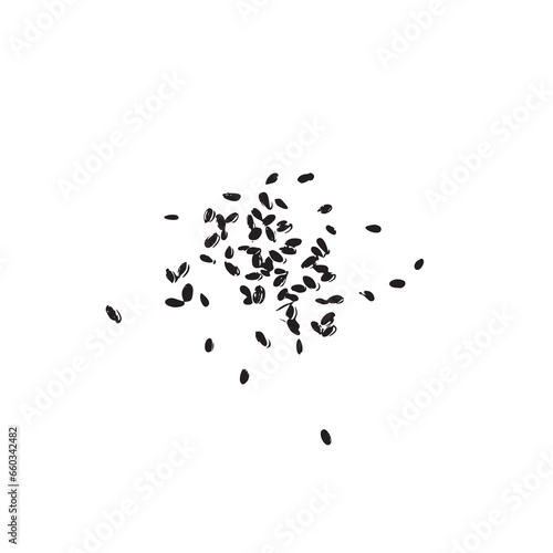Dill Seeds Icon, Scattered Fennel Seeds Silhouette, Indian Spice Symbol on White Background Top View