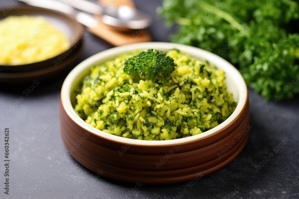 broccoli rice garnished with a sprig of thyme broccoli rice garnished with a sprig of thyme