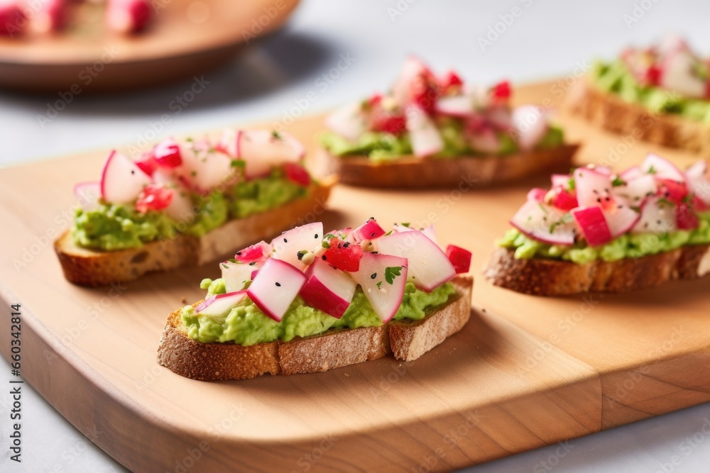 bruschetta with crushed avocado and thinly sliced radishes bruschetta with crushed avocado and thinly sliced radishes