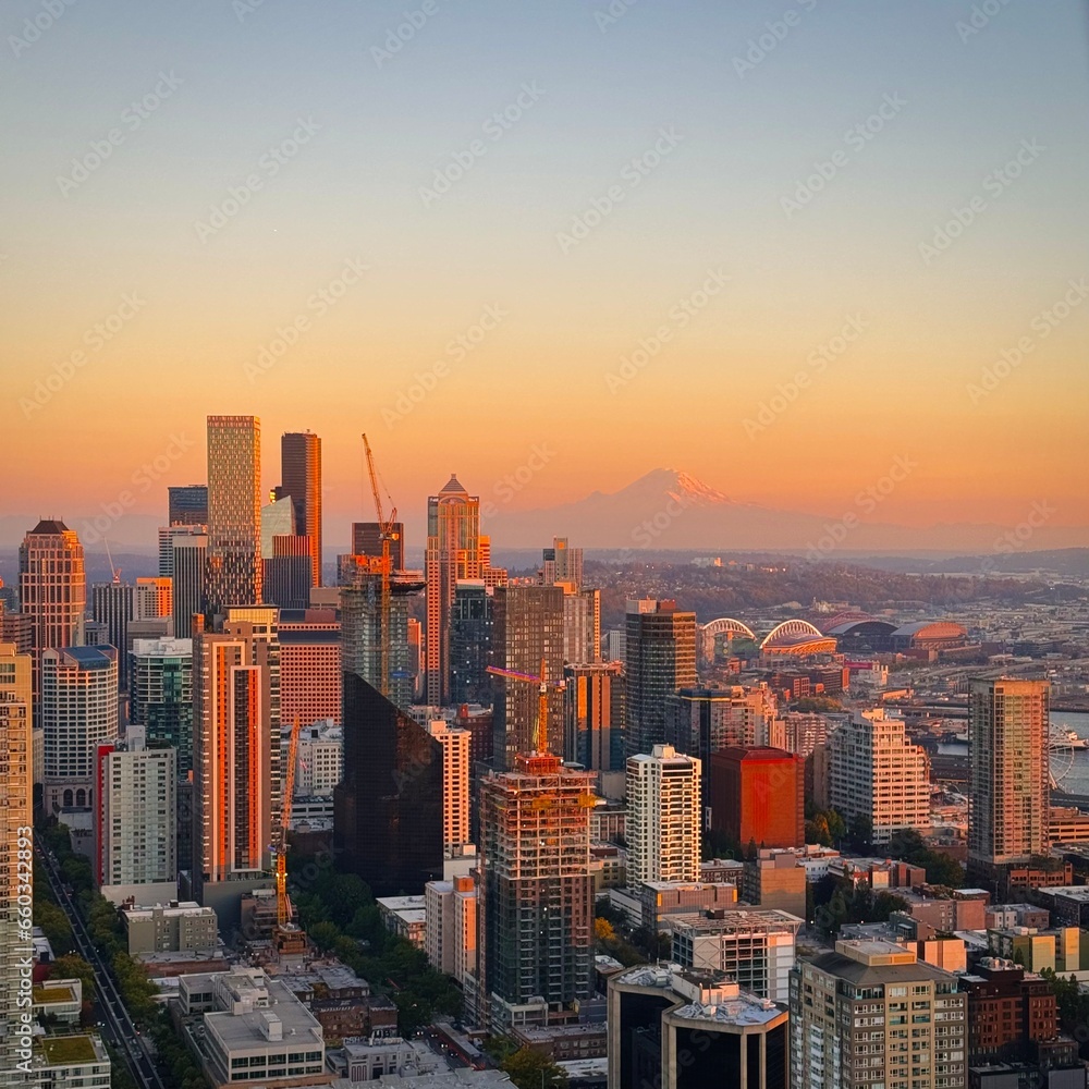 Skyline of Seattle at Sunset - View from Space Needle