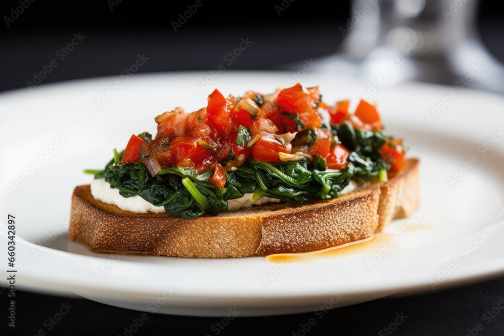 single bruschetta with anchovy resting on bed of spinach single bruschetta with anchovy resting on bed of spinach