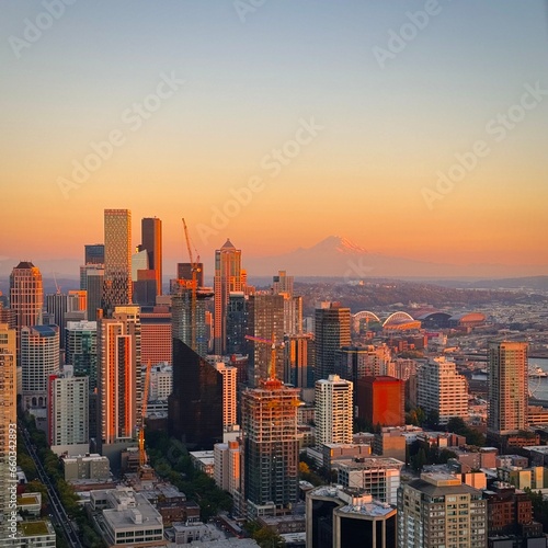 Skyline of Seattle at Sunset - View from Space Needle photo
