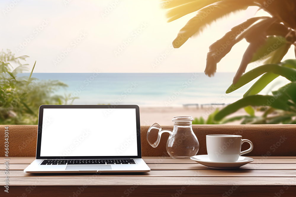 Wooden table with empty white screen laptop and a cup of coffee, Sea blurred background, high quality photo