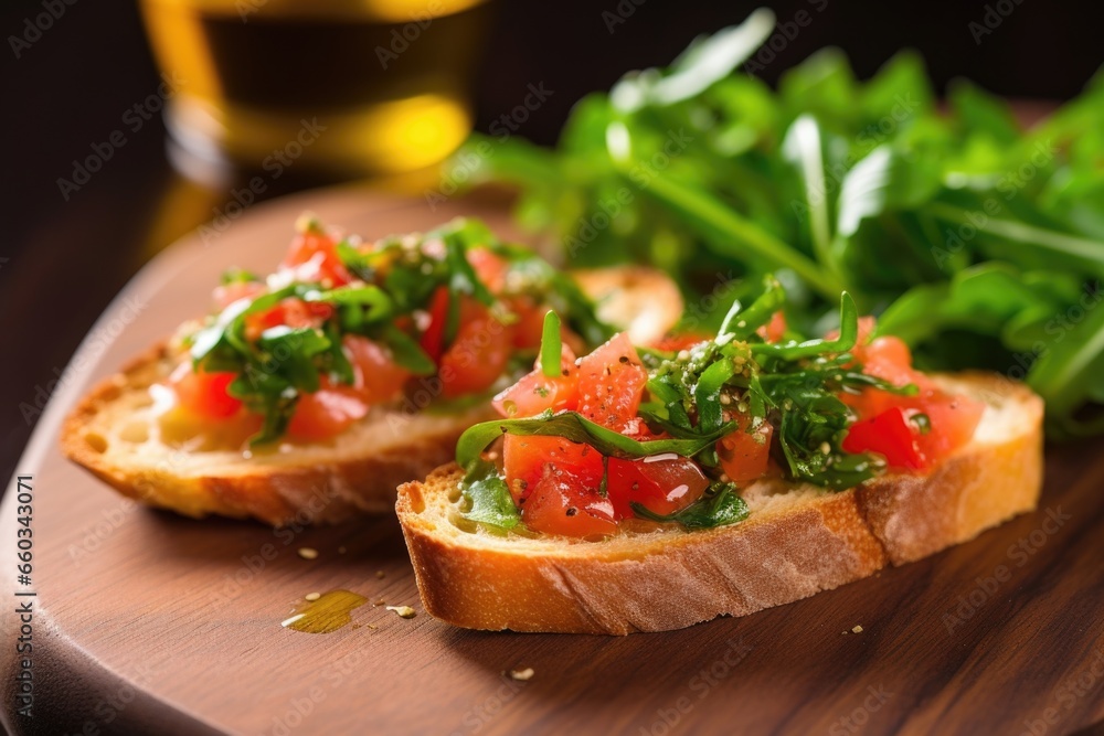 a macro shot of bruschetta with arugula and garlic-infused olive oil