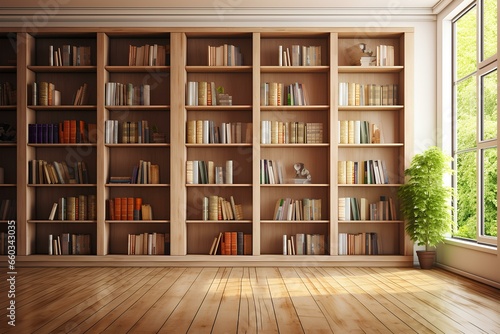 Light colored wooden floors and a wall of bookcases with many books, natural light, high quality photo