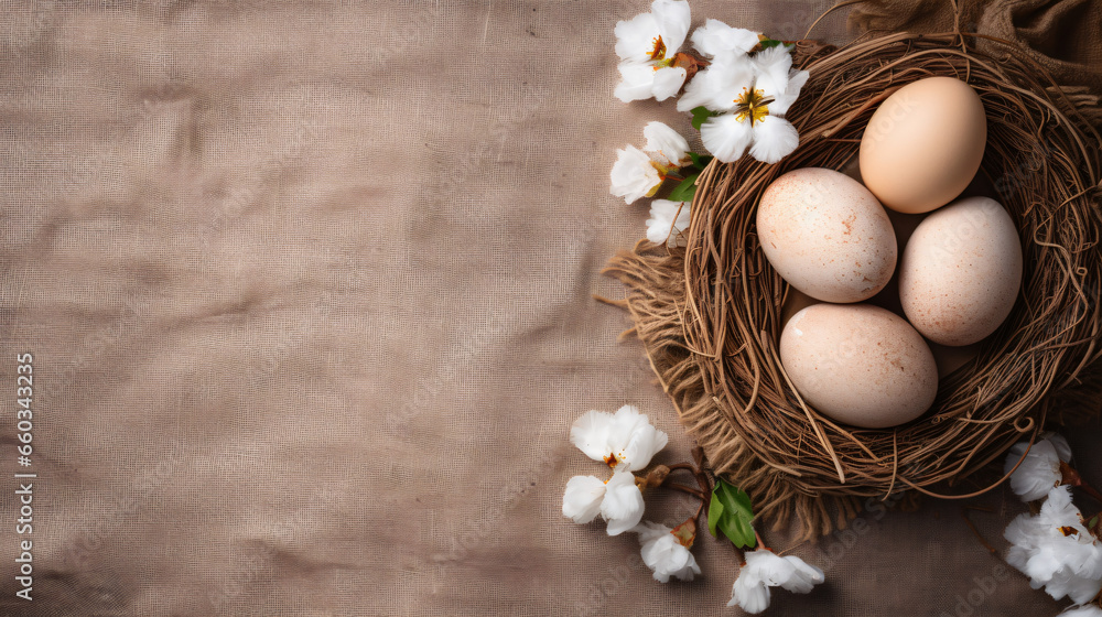 Easter decoration with egg in nest and cotton on brown background
