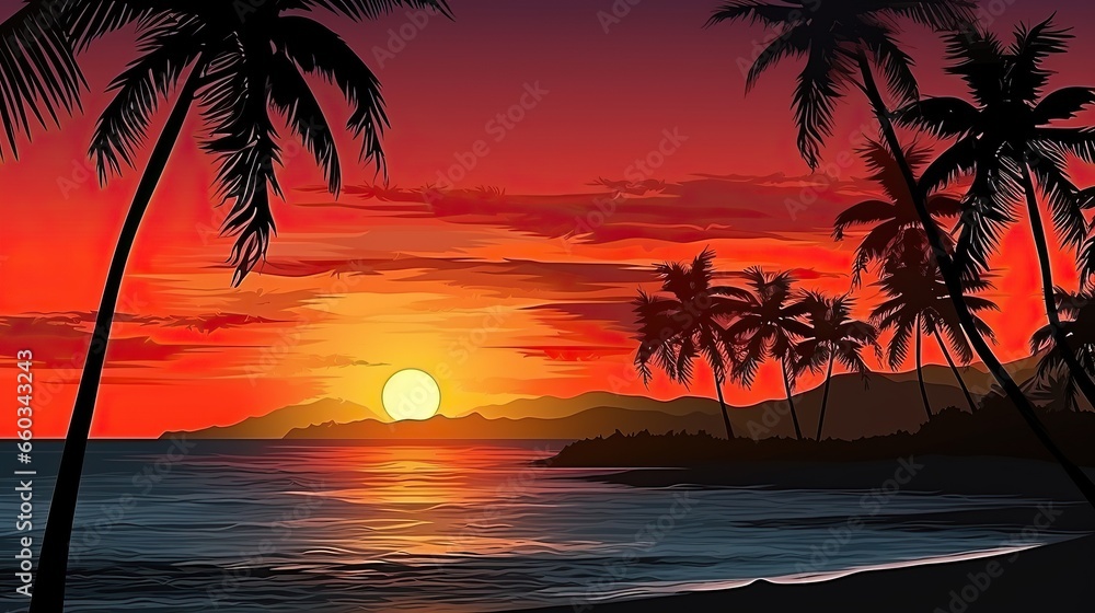 Beautiful sunset .Silhouetted of coconut tree
