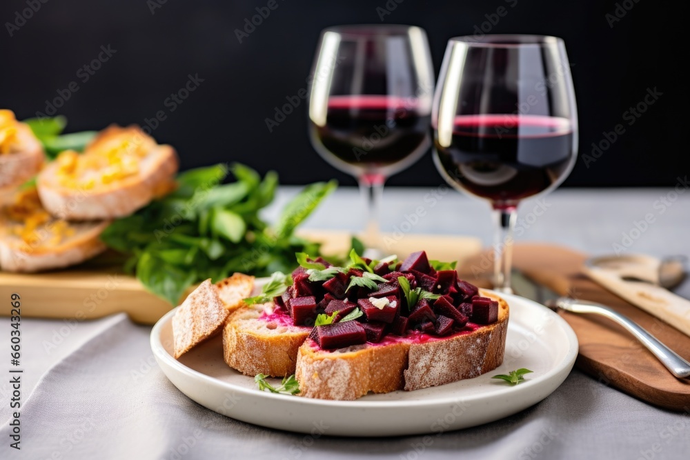 beetroot bruschetta with a glass of red wine beetroot bruschetta with a glass of red wine