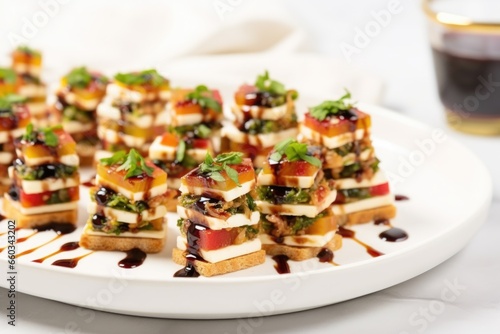 stack of mini bruschetta drizzled with glaze, placed on a white porcelain platter
