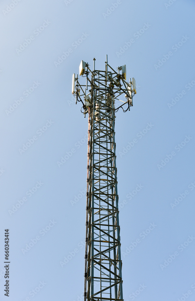 Telecommunication tower of 4G and 5G cellular. Cell Site Base Station. Wireless Communication Antenna Transmitter. Telecommunication tower with antennas sky background
Telecommunication tower of 4G and 5G cellular. Cell Site Base Station. Wireless Communication Antenna Transmitter. Telecommunication tower with antennas sky background
