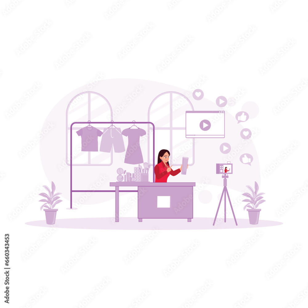  A young female blogger displays cosmetic products while recording a video inside the house. Blogger concept. trend modern vector flat illustration