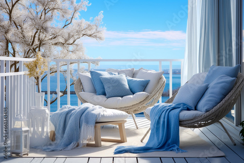 Cozy minimalistic balcony design. Blue and white colors © Anna