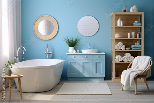 Minimalistic cozy bathroom with wooden texture. Blue and white pastel colors  modern interior design