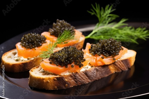 caviar bruschetta garnished with a sprig of fresh dill