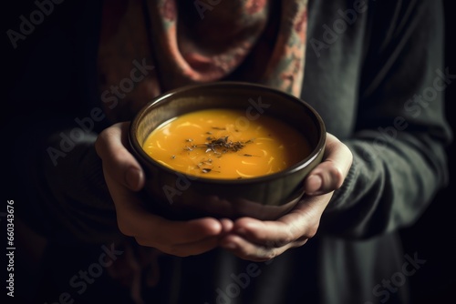 Bowl with pumpkin cream soup in woman hands. Generative AI