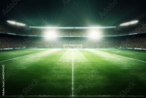 green soccer field, bright spotlights. Generative AI © Miriam