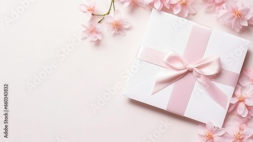 Envelope with flower and ribbon on white wooden table © UsamaR