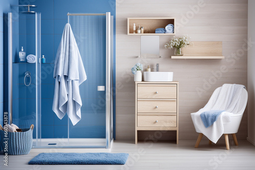 Minimalistic cozy bathroom with wooden texture. Blue and white pastel colors, modern interior design © Anna