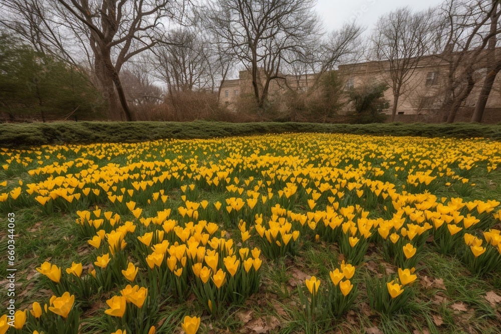 A garden with blooming yellow crocus vernus plants during early spring. Generative AI