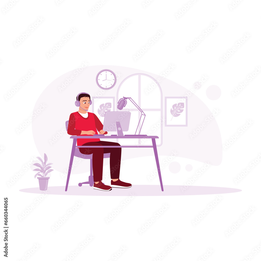 Male vlogger using headphones and laptop to create conversation content with a microphone in the studio. Content Creator concept. Trend Modern vector flat illustration