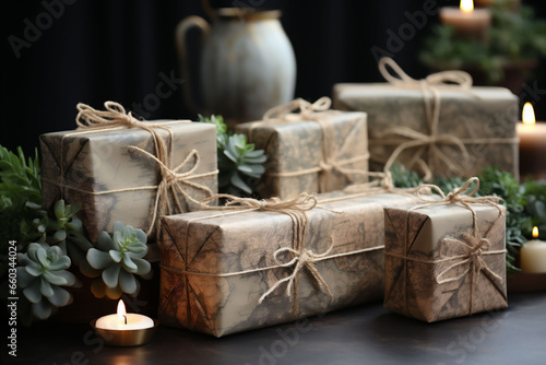 Christmas gifts wrapped in geographic themed paper with a world map. Copy space